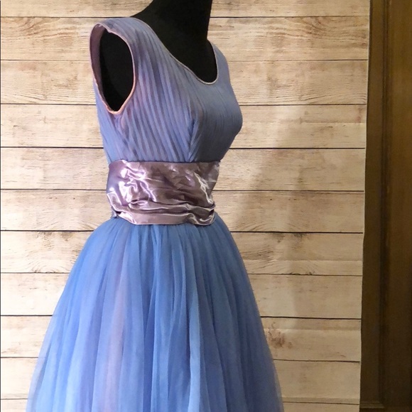 Vtg 50s Blue Party Dress Satin Chiffon - Picture 6 of 8